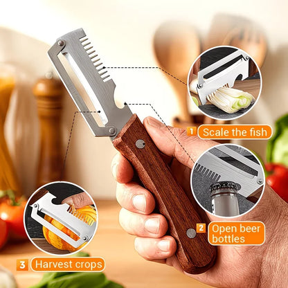 Stainless Steel Vegetable Peeler with Wooden Handle 3-in-1 Fruit Potato Peeler with Bottle Opener Kitchen Peeling Cooking Tools
