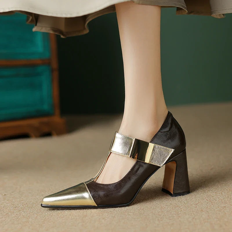 2025 Spring Mary Janes Women Shoes Pointed Toe Chunky Heel Pumps Genuine Leather Shoes for Women Elegant High Heels Buckle Heels