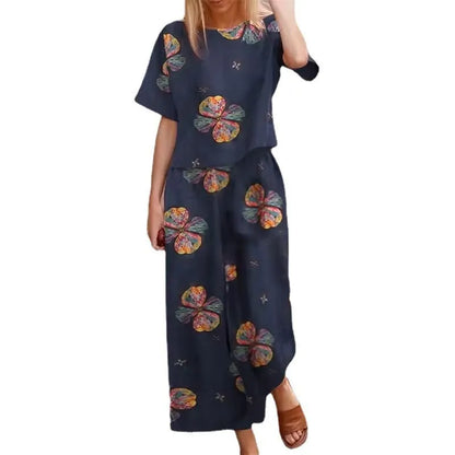 Cotton Linen Vintage Printed Pant Sets Loose Short Sleeves T Shirt High Waist Wide Leg Pants Two Piece Set For Women Streetwear
