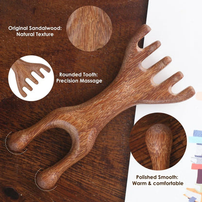 Natural Sandalwood Five-Claw Scalp Massager Gua Sha Tool Back Scratcher Spa Handheld Meridian Massage Comb Hair Care