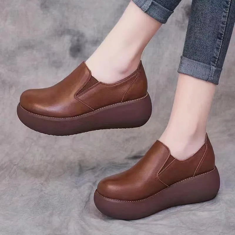 Sneakers Platform Women Shoes 2025 New Flat Wedges Fashion Round Toe Slip on Shoes for Women Leather Work Shoes Heighten Loafers