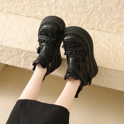 Lace Thick Bottom Sneaker Pumps Belt Buckle Elegant Fashion Comfortable Sexy Genuine Leather Women Shoes Round Toe New Hot Girls
