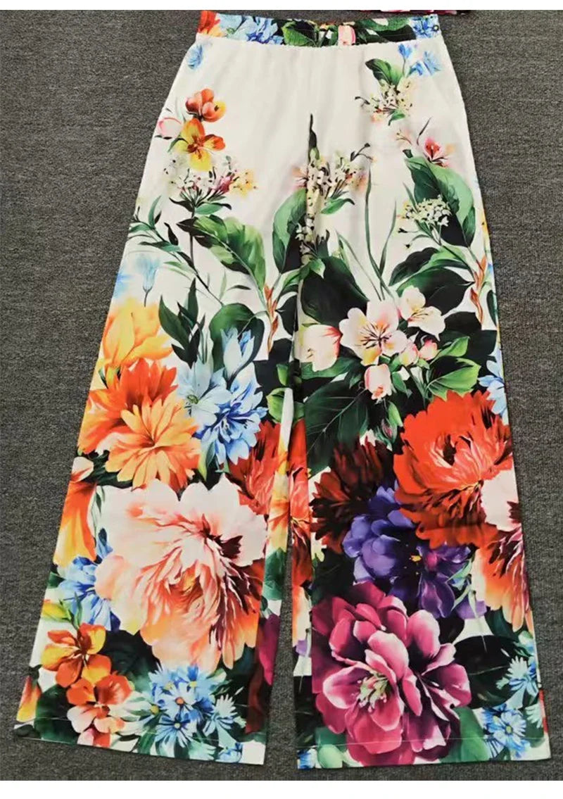 Spring and Summer New Women's Printed Pants Lapel Short Sleeve Waist Short Shirt + High Waist Wide Leg Pants Elegant Two-Piece S