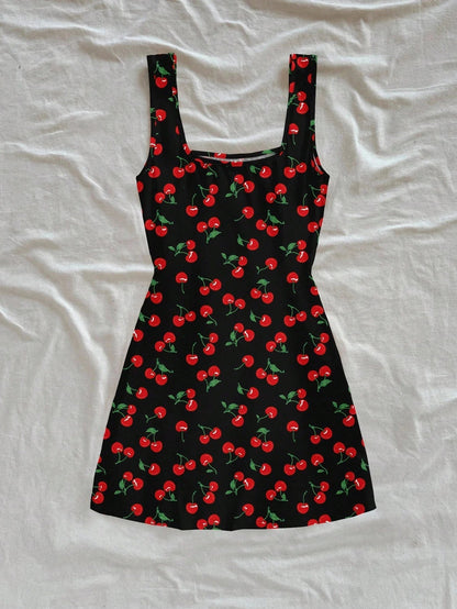 Women's Sexy Vacation Style U-Neck Cherry Print Open Back Side Slit Mini Dress for Spring/Summer