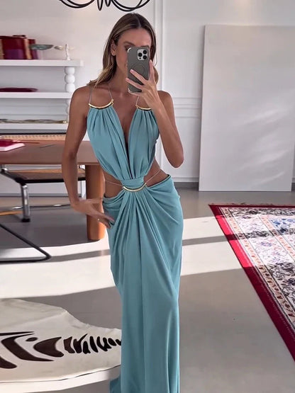 Sexy Women's Backless Dress Halter Sleeveless Waist Hollow Out Solid Female Dresses 2026 Summer Vacation Beach Fashion Lady Robe