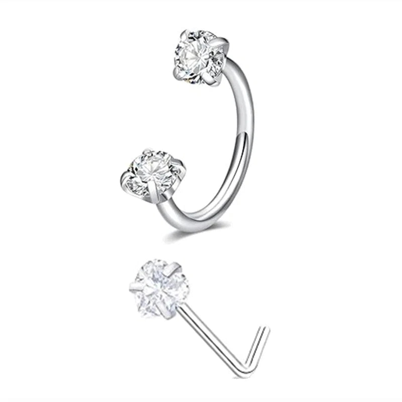 6/2pcs Horseshoe Nose Rings With L-Shape Nose Stud, Stainless Steel Rianbow CZ Nose Ring,, Lip Eyebrow Helix Ear Piercing