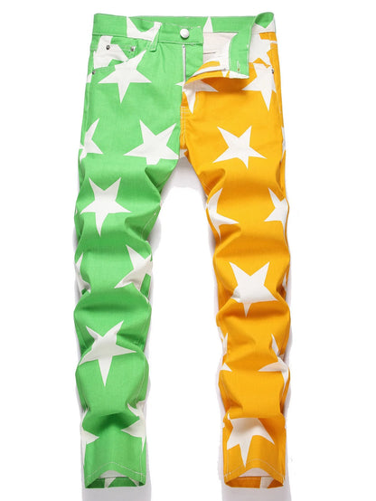 2026 New Fashion Men Clothing Stars Print Jeans Y2K Fancy Color Stretch Cotton Denim Pants Spring Trendy Slim Straight Trousers