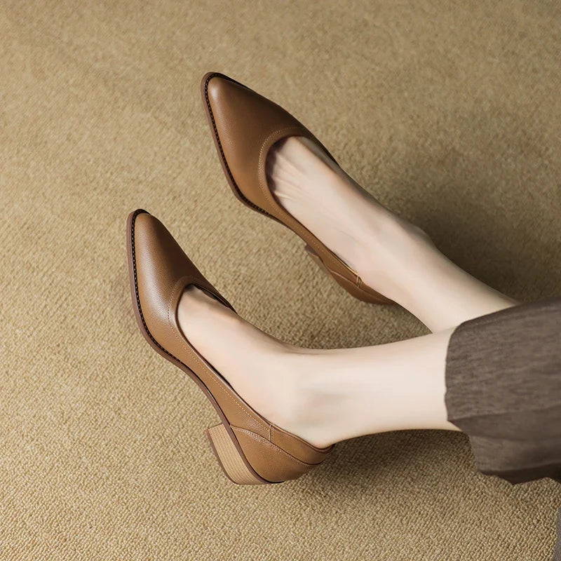 2026 New Spring Women Pumps Shallow Genuine Leather Med Heels Pointed Toe Summer Women Shoes Lady Shoes Leather Shoes
