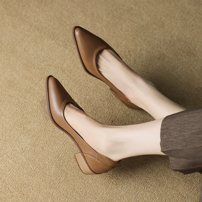 2026 New Spring Women Pumps Shallow Genuine Leather Med Heels Pointed Toe Summer Women Shoes Lady Shoes Leather Shoes