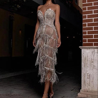 Sexy Strapless Shiny Gowns Party Dress Women Elegant Sleeveless Backless Slim Long Dress Fashion Tassels Splicing Evening Dress