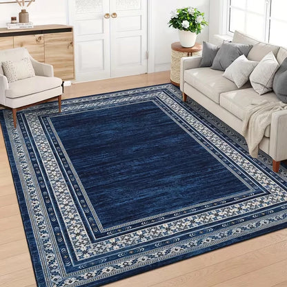 Navy Blue Area Rug Modern Geometric Border Print Carpet for Living Room Bedroom Non Slip Stain Resistant Foldable Accent Rug