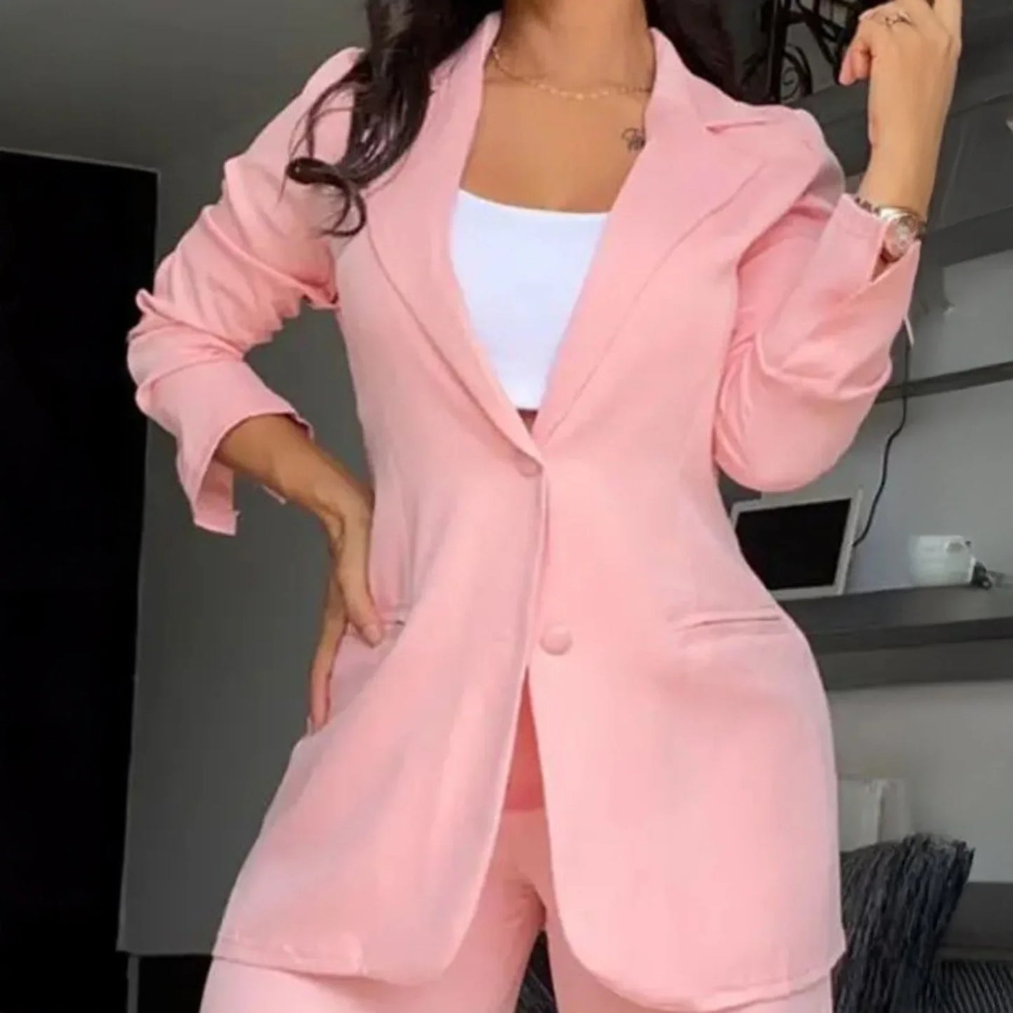 Sets for Women 2 Pieces Autumn Fashion Long Sleeve Blazer Sets Elegant High Waist Work Pants Set Office Lady Pink Suits