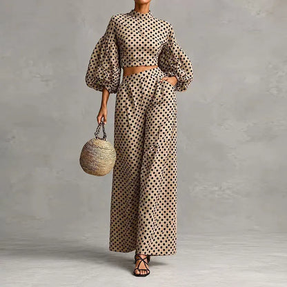 Vintage Polka Dot Matching Suits Women Mock Neck Lantern Sleeve Cropped Short Blouse & Loose Pants Sets Casual Two Piece Outfits