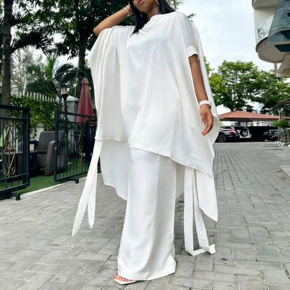Two Piece Set Women O Neck Short Sleeve Loose Maxi Tops Wide Leg Pants Suit Fashion Elegant Simple Casual Africa Church Outfits