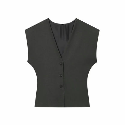 Women Fashion 2-Piece Set Single-breasted Sleeveless V-Neck Pinstripe Vest+Summer Pleated Loose Pocket Belt Zipper Pants