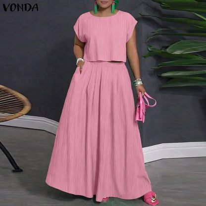 VONDA Women Plus Size Sets Elegant 2PCS Solid Color Two-piece Outfits Short Sleeve Summer Tops Long Skirts Streetwear Dress Sets