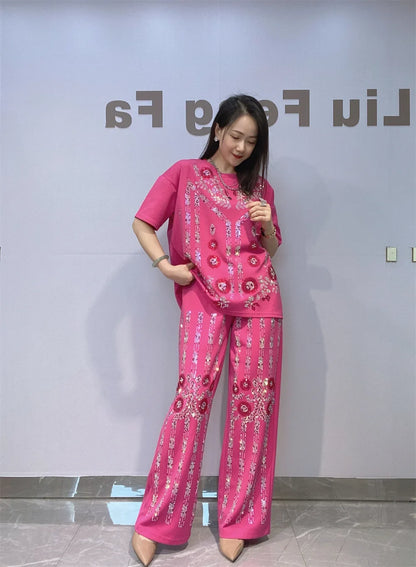 2026 Summer Sequins Flower Short Sleeve T Shirt & Wide Leg Pant Sets Woman 2 Piece Outfits Casual Matching Sets Bust118cm