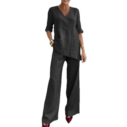 Women's Two-piece Set 2026 Mid-sleeve V-neck Top Straight Pants Spring Summer Women's New Casual Cotton Linen Solid Color Suit
