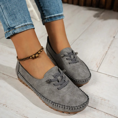 Women's Loafers Fashion Lace Up Comfortable Round Toe Soft Sole Flats Daily Walking Lightweight Versatile Slip on Casual Shoes