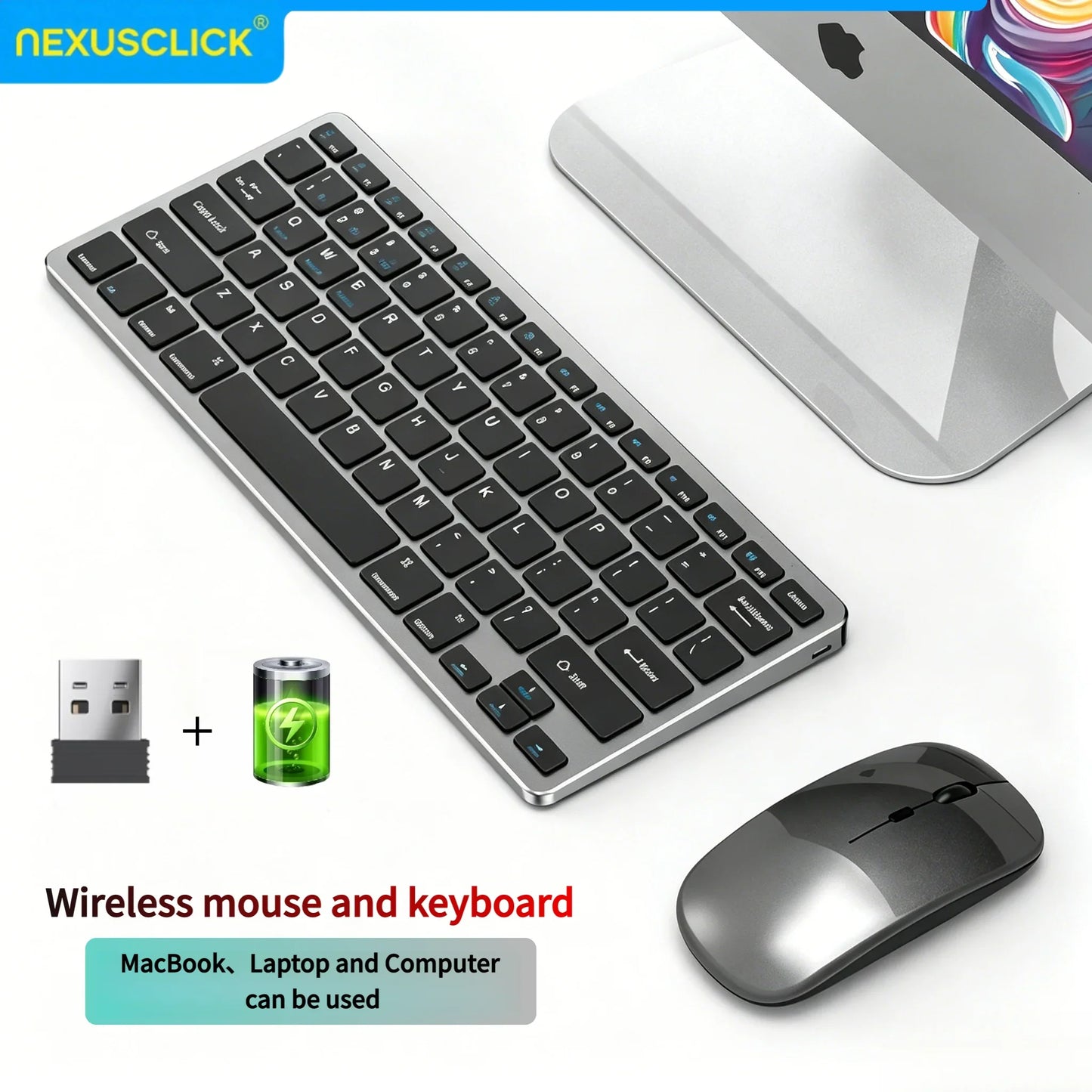 NexusClick Wireless Ergonomic Keyboard Mouse Combo - Rechargeable Mini Multimedia Set for PC, Laptop, MacBook