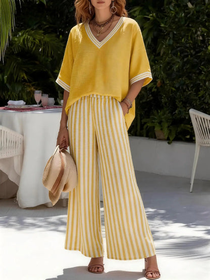 Two Pieces Women Pant Sets Striped Matching Set Short Sleeves V Neck Top Elastic Waist Wide Leg Pants Loose Casual 2026 Summer