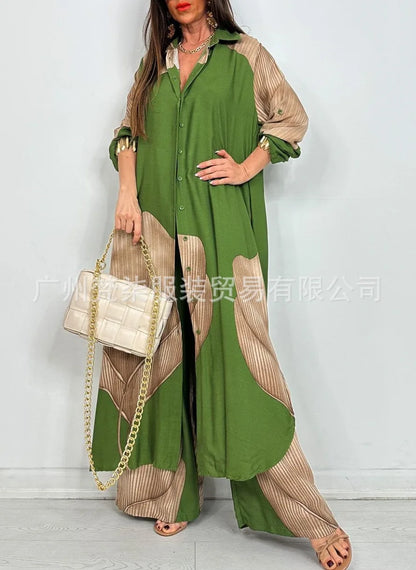 Fashion Loose Printed Long Sleeve 2-piece Set Women's Single-breasted Cardigan Robe Wide-leg Pants Casual Two-piece Outfit Woman