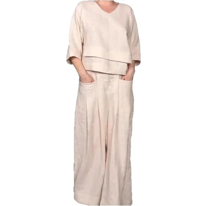 Casual Loose Irregular Cotton Linen Women's Top Set Spring Summer New Fashion Pocket Wide-leg Pants For Women Office 2-piece Set