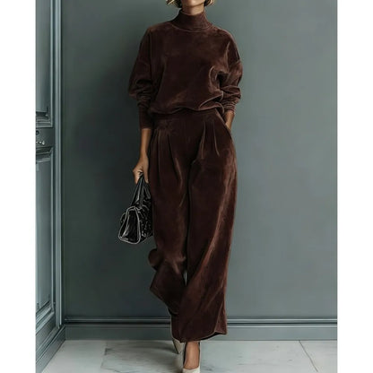 Autumn Winter Fashion High Collar Gold Velvet Long Sleeve Women's Suit Casual Sports Wide Leg Trousers Female Office 2 Piece Set
