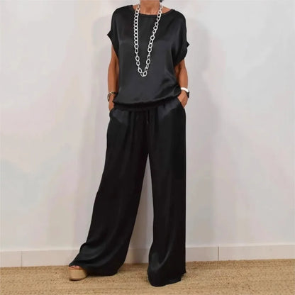 2-piece Set Fashion Satin O Neck T-shirt Top Trousers Summer Retro Elegant Casual Loose Wide-leg Pants Female Home Clothing Suit