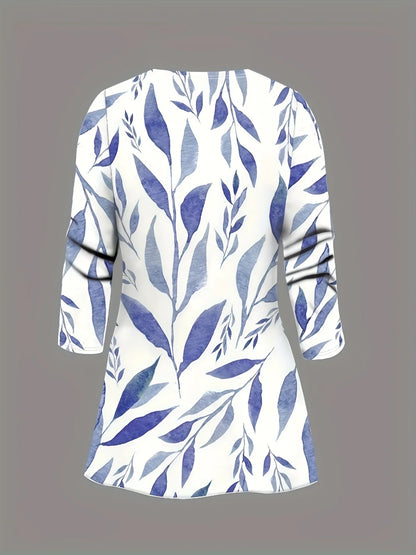 Plus-size women's 3-piece set: color-blocked printed cardigan jacket paired with trousers and vest for a casual everyday look.