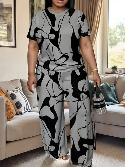 Conjuntos Femininos Summer Short-sleeved Fashion Print Suit Women's Round Neck Large Size T-shirt Wide-leg Trousers 2 Piece Suit