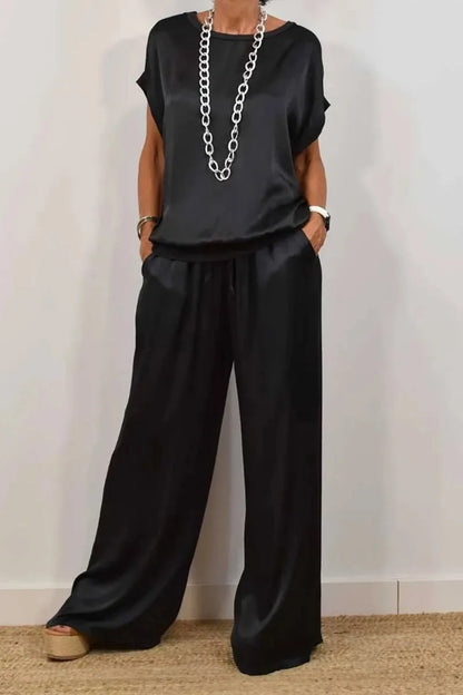 Women's Satin Pants 2 Piece Set Summer Breathe Loose Short Sleeve Top Wide Leg Pants Casual Outfit Office Lady Elagant Set