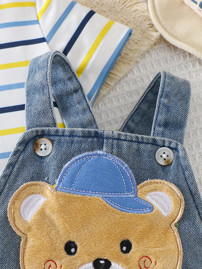 Baby Boy Striped Short-Sleeved T-Shirt + Bear Denim Overalls Shorts Set, Cute Summer Two-Piece Set, Soft and Breathable Childlike Outfit