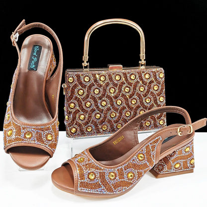QSGFC 2024 Rhinestone Design INS Hot Sale New Arrivals African Shoes and Bag Set in Green Color Open Toe Comfortable Women Heels