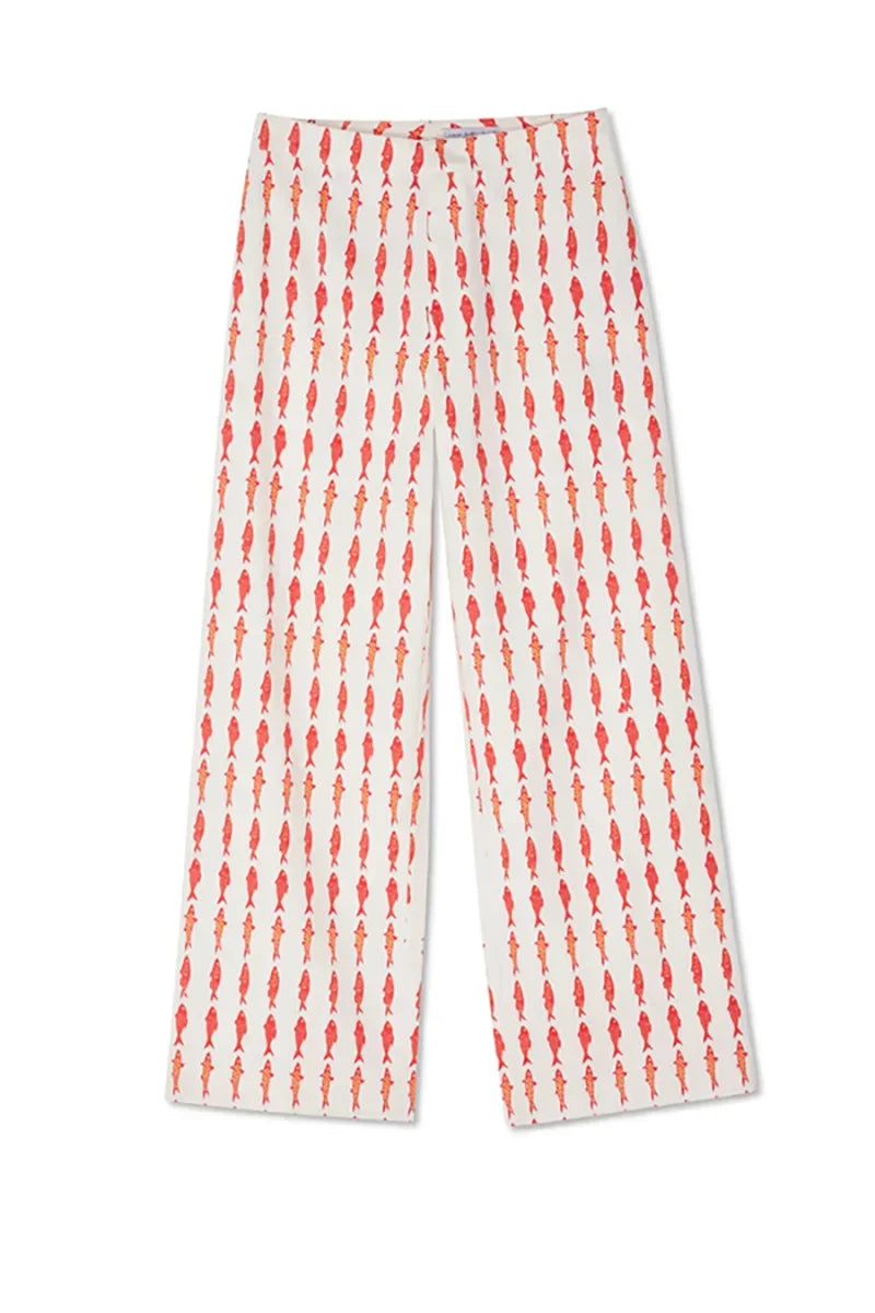 Summer Women Cartoon Red Fish Print O Neck Tank Top And Straight Female Long Pants Short Sleeve Shirt Wide Leg Pant 2 Piece Sets