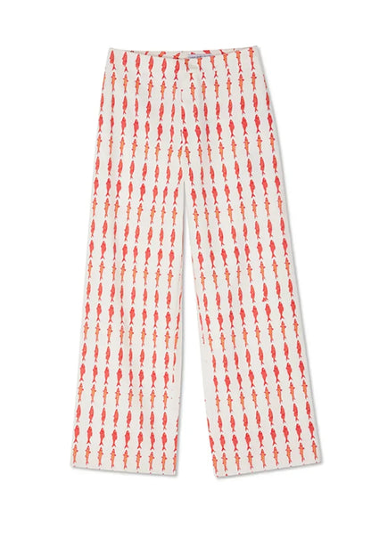 Summer Women Cartoon Red Fish Print O Neck Tank Top And Straight Female Long Pants Short Sleeve Shirt Wide Leg Pant 2 Piece Sets