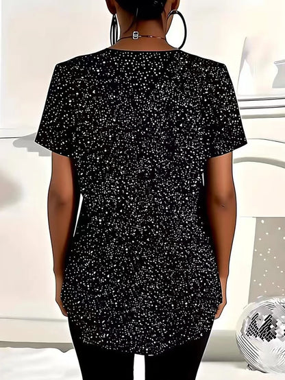 plus size women's summer new short sleeved casual polka dot top V-neck zipper curved hem T-shirt daily essential