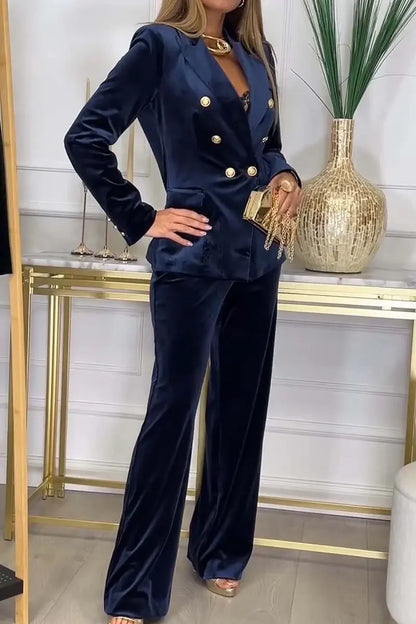 Fashion Slim Two Piece Sets For Women Elegant Double Breasted Splicing Velvet Long Sleeved Top And High Waist Straight Pant