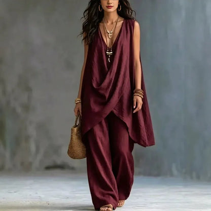2026 Summer Linen Cotton Sleeveless Stand Collar Set Women Casual Loose Fit Solid Wide Leg Pants Vacation Outfit