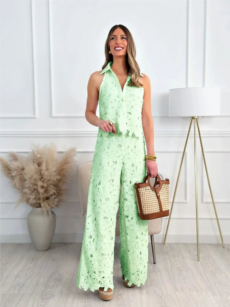 Fashion Lace Embroidered Cardigan Vest Tops + Wide-leg Trousers 2-piece Summer New Chic Elegant Women OfficeLong Pants Suit 2025