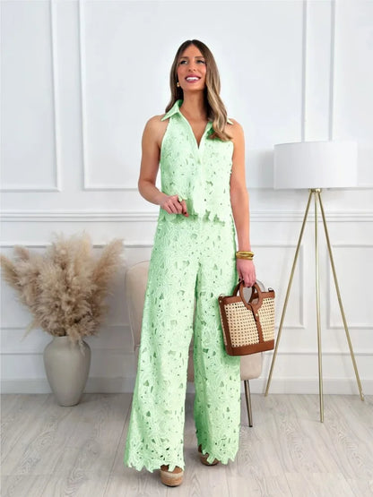 Fashion Lace Embroidered Cardigan Vest Tops + Wide-leg Trousers 2-piece Summer New Chic Elegant Women OfficeLong Pants Suit 2025