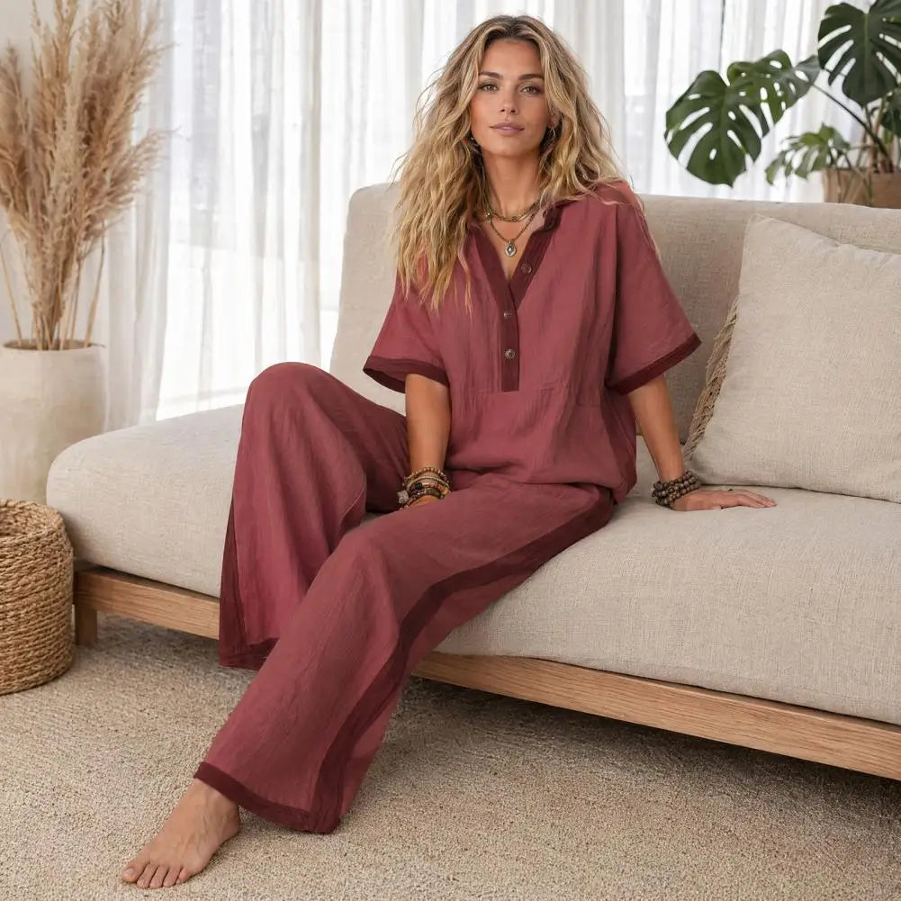 Women Cotton Linen Set, Summer V-Neck Loose Fit & Elastic Waist Palazzo Pants 2-Piece Outfit, Casual Top and Wide Leg Trousers