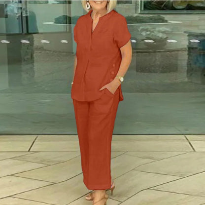 New Summer Women's Short-sleeve Tops Pants Casual Two-piece Suit Fashion Elegant Office Solid Holiday 2-piece Set Women Clothes