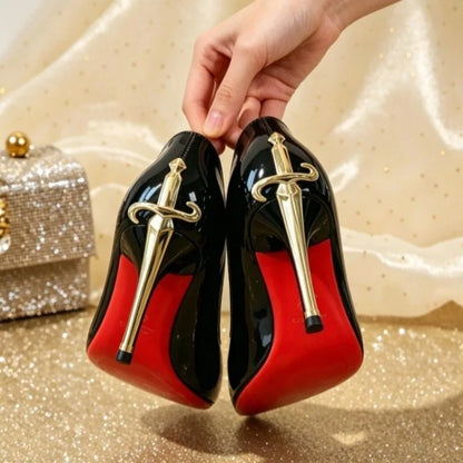 2026 New Red Sole High Heels Women's Thin Heel Pointed Toe Metal Sword Sexy Lady Black Painted Leather Single Shoes