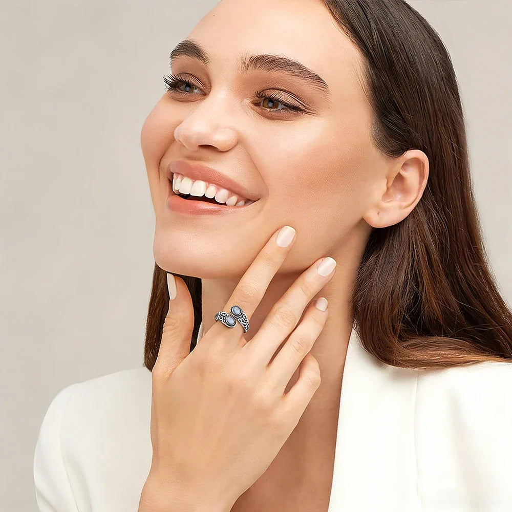 925 Vintage Silver Ring with Natural Moonstone 6*8mm Adjustable Rings Flower Bohemia Style Fine Jewelry for Women
