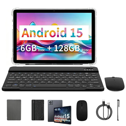 Tablet 10.1 Inch Android 15 Octa-Core 6GB RAM 128GB ROM 1280x800 IPS Tablets PC WiFi 5 Bluetooth Keyboard Set