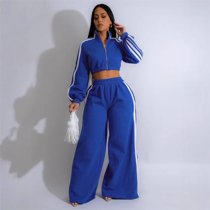 Fashion Splicing Striped Zipper Sports Suit Women'S Spring Autumn Thick Hoodie Casual Loose Wide Leg Trousers 2 Piece Set Female