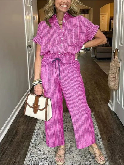 Classic Spring Autumn Cotton Linen Striped Printed Short Sleeve Shirt 2 Piece Set Retro Casual Loose Waist Trousers Women's Suit