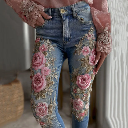3D Floral Women's Straight Leg Jeans Fashionable and Casual Stretch Denim Pants Comfortable Daily Wear Street Style
