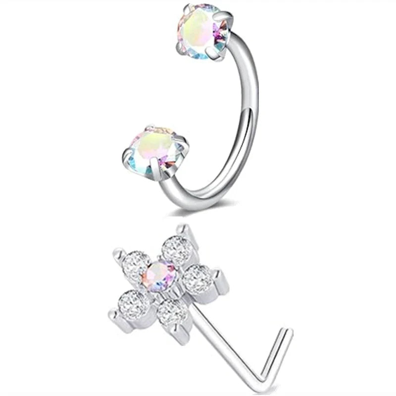 6/2pcs Horseshoe Nose Rings With L-Shape Nose Stud, Stainless Steel Rianbow CZ Nose Ring,, Lip Eyebrow Helix Ear Piercing